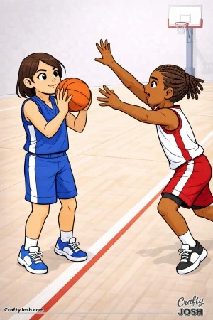 A young basketball player catches the ball in the corner with feet set at the sideline as a defender lunges late to contest the shot, with the hoop ..