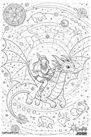 This colorful scene shows an Indigenous North American princess riding her friendly dragon through a sky designed like a vintage star map