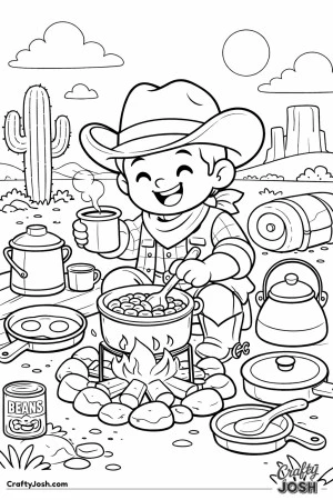 This cheerful cowboy is cooking up a tasty pot of beans over a crackling campfire in the Wild West.