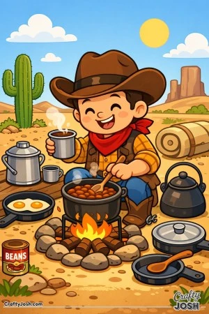 This cheerful cowboy is cooking up a tasty pot of beans over a crackling campfire in the Wild West.