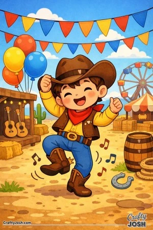 Yeehaw! This happy little cowboy is dancing his heart out at a lively western festival.