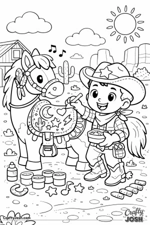 A happy little cowboy is jazzing up his horse’s saddle with hearts, stars, and zig-zag lightning flair.