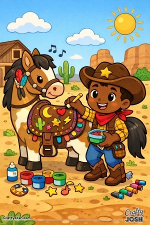 A happy little cowboy is jazzing up his horse’s saddle with hearts, stars, and zig-zag lightning flair.