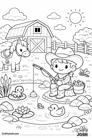 A happy little cowboy enjoys a peaceful day fishing by a pond near the barn, with his friendly horse watching close by.