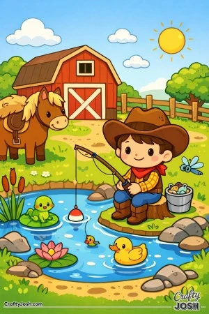 A happy little cowboy enjoys a peaceful day fishing by a pond near the barn, with his friendly horse watching close by.