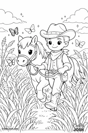 A smiling cowboy and his gentle horse wander down a sunny meadow path, tall grass swishing at their sides.