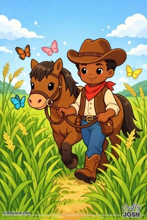 A smiling cowboy and his gentle horse wander down a sunny meadow path, tall grass swishing at their sides.