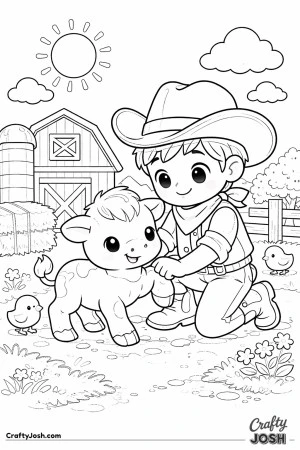 A kind cowboy lends a helping hand to a wobbly baby calf on a sunny farm day.