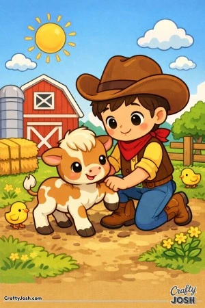 A kind cowboy lends a helping hand to a wobbly baby calf on a sunny farm day.