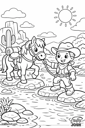 A brave little cowboy leads his horse across the splashy river stones—one careful step at a time!