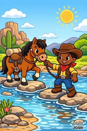 A brave little cowboy leads his horse across the splashy river stones—one careful step at a time!