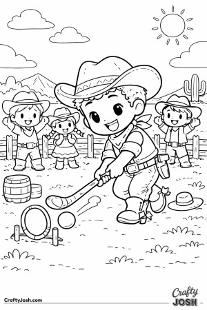 Boots on, hat tipped, and a big grin — this little cowboy is ready to whack the ball and score the winning shot!