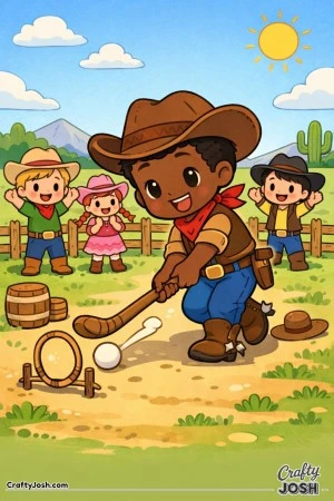 Boots on, hat tipped, and a big grin — this little cowboy is ready to whack the ball and score the winning shot!