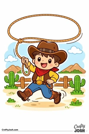 Yee-haw! This happy cowboy is showing off his lasso skills with a giant loop flying through the air.