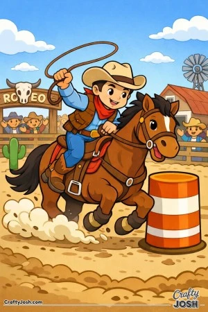 Saddle up for an exciting western adventure as a cheerful cowboy races his speedy horse around the rodeo arena.