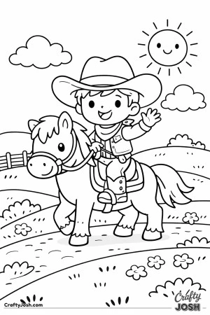 Yeehaw! A happy little cowboy rides his friendly horse through rolling hills on a bright, cheerful day.
