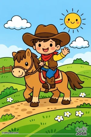 Yeehaw! A happy little cowboy rides his friendly horse through rolling hills on a bright, cheerful day.