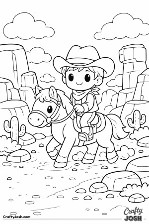 Yeehaw! This happy cowboy is riding his trusty horse through a winding canyon filled with big rocks and fluffy clouds.