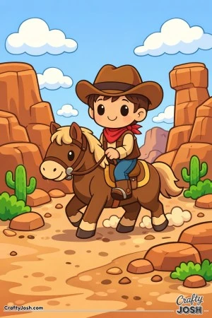 Yeehaw! This happy cowboy is riding his trusty horse through a winding canyon filled with big rocks and fluffy clouds.