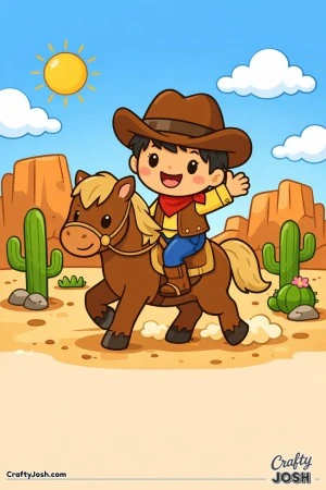 Yeehaw! This happy cowboy is riding his friendly horse across the sunny desert.