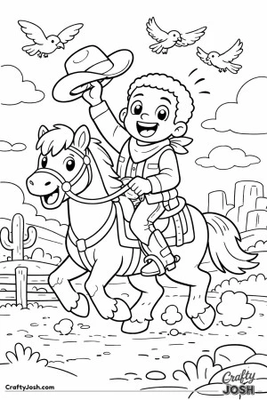 Yeehaw! This happy cowboy is galloping full speed and waving his hat like a rodeo superstar.