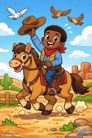 Yeehaw! This happy cowboy is galloping full speed and waving his hat like a rodeo superstar.