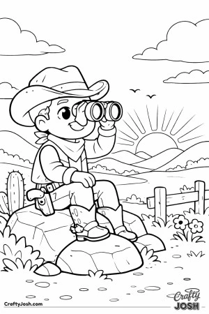 A happy cowboy scouts the horizon from his rocky perch, binoculars ready for adventure
