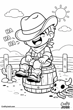 This happy cowboy is having the best laugh while sitting on his favorite wooden barrel