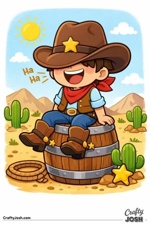 This happy cowboy is having the best laugh while sitting on his favorite wooden barrel