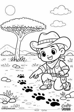 This cheerful little cowboy discovers a trail of mystery paw prints in the sand.