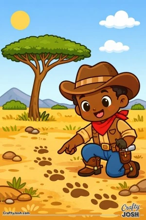 This cheerful little cowboy discovers a trail of mystery paw prints in the sand.