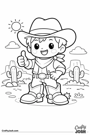 Yee-haw! This happy little cowboy is ready for adventure with his big boots and confident thumbs up.