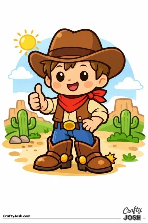 Yee-haw! This happy little cowboy is ready for adventure with his big boots and confident thumbs up.