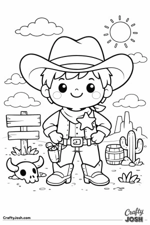Meet a cheerful cowboy sheriff standing tall in the Wild West with hands on his hips and a big friendly smile.