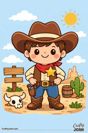 Meet a cheerful cowboy sheriff standing tall in the Wild West with hands on his hips and a big friendly smile.