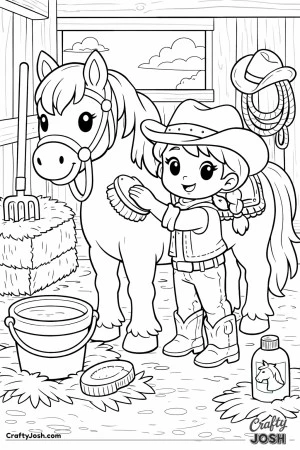 A kind cowgirl gently brushes her happy horse in a cozy barn.