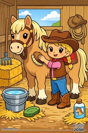 A kind cowgirl gently brushes her happy horse in a cozy barn.