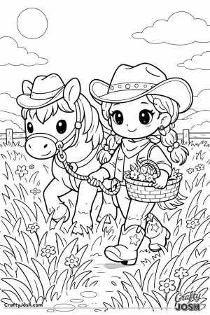 A cheerful cowgirl strolls through tall, swaying grass with her trusty horse by her side.