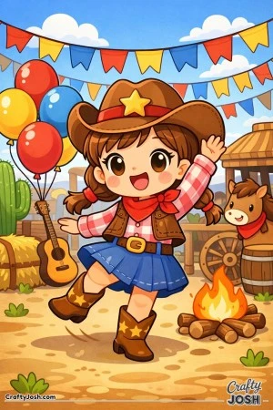 Yee-haw! This joyful cowgirl kicks up her boots and dances with a big smile at a lively western festival.