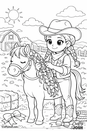 A kind cowgirl spends a peaceful day braiding colorful ribbons into her horse’s mane.