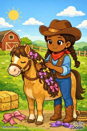 A kind cowgirl spends a peaceful day braiding colorful ribbons into her horse’s mane.