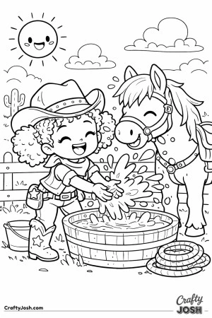 A cheerful cowgirl giggles as she splashes cool water onto her happy horse on a sunny day.