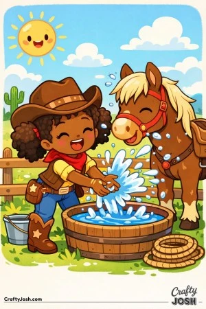 A cheerful cowgirl giggles as she splashes cool water onto her happy horse on a sunny day.