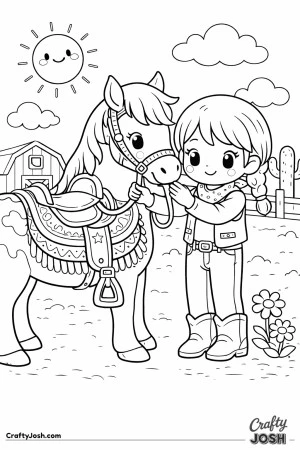 A sweet cowgirl and her trusty horse share a happy teamwork moment on the sunny ranch