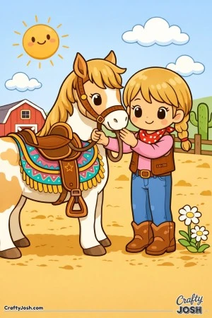 A sweet cowgirl and her trusty horse share a happy teamwork moment on the sunny ranch