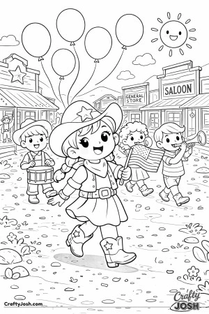 Yeehaw! This happy cowgirl is leading a joyful parade through a bustling western town.