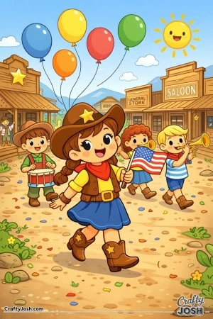 Yeehaw! This happy cowgirl is leading a joyful parade through a bustling western town.