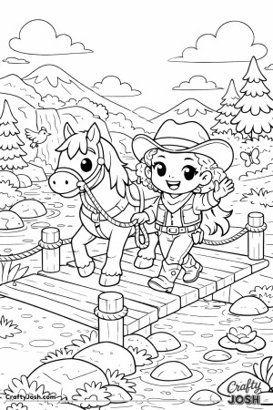 A cheerful cowgirl and her trusty horse head off on a bright adventure across a creaky wooden bridge.