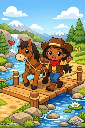A cheerful cowgirl and her trusty horse head off on a bright adventure across a creaky wooden bridge.