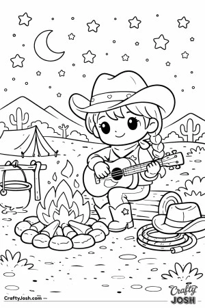 Under a sparkling night sky, this happy cowgirl strums her guitar by a cozy campfire